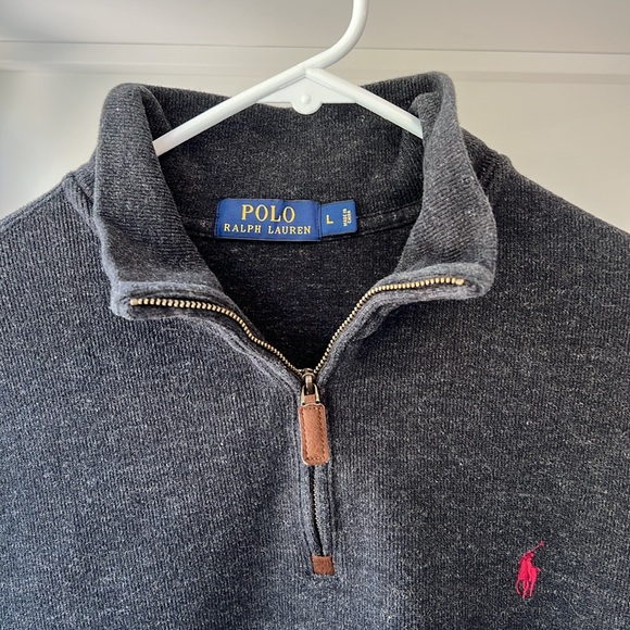 Ralph Lauren Quarter Zip Suede Pull Cotton Charcoal Gray Sweater Mens Size L - Picture 5 of 8